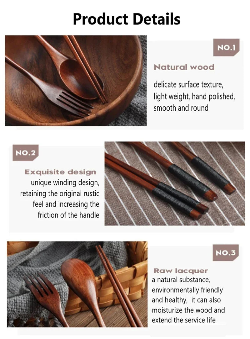 Wooden cutlery set with natural spoon, fork, and chopsticks displayed with woven pouch, hand-polished finish