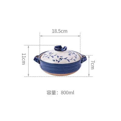 Blue and white earthenware clay casserole pot with lid, 800ml capacity, 18.5cm width, featuring traditional ceramic design fo