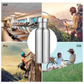 Stainless steel hydration bottle displayed with four lifestyle scenes: gym fitness, hiking trail, rock climbing, and outdoor 