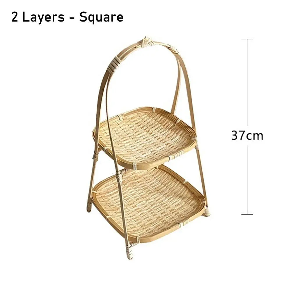 Two-tier square bamboo basket with handles, 37cm tall, natural woven design for pantry storage and eco-friendly kitchen decor