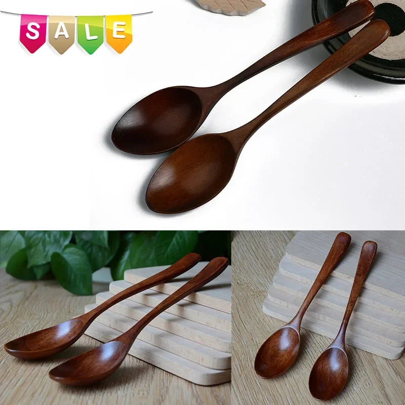 Hand-crafted wooden cooking spoons in natural brown finish, displayed from multiple angles showing ergonomic handles and smoo