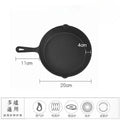 Cast iron skillet with dimensions shown: 11cm handle, 4cm depth, 20cm total width. Multi-use cooktop icons below indicate gas