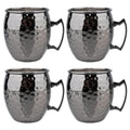 Four hammered stainless steel Moscow Mule mugs with handles, featuring a polished metallic finish and textured surface design