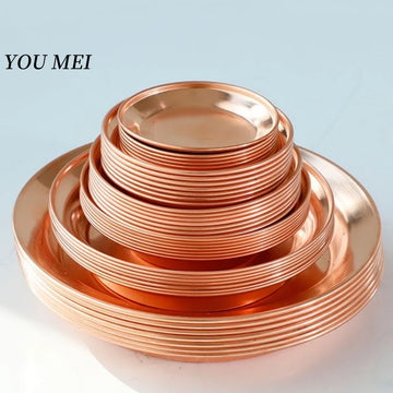 7-Piece Pure Copper Dining Plate Set – Handcrafted Red Copper Platters in Multiple Sizes