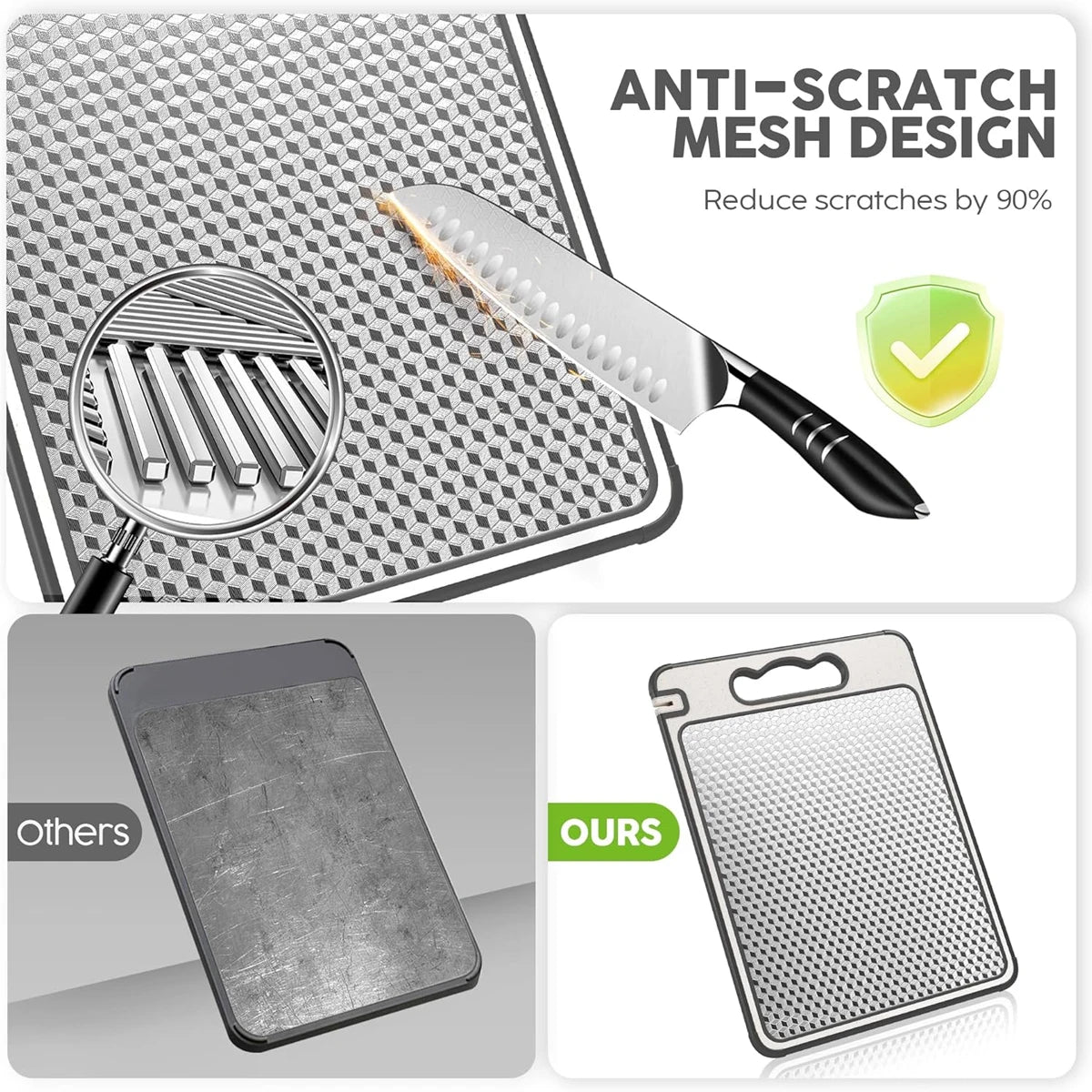 Stainless steel cutting board with anti-scratch mesh design, slip-resistant surface, reduces scratches by 90%