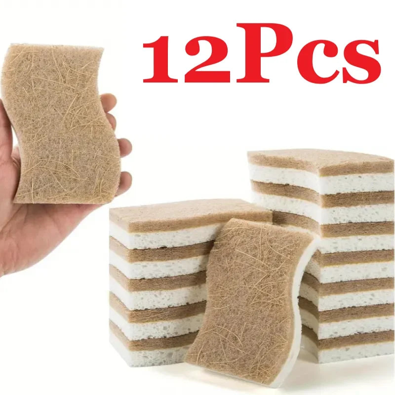 Bamboo & coconut kitchen sponges, 12-pack set with natural fiber scrubbing side and soft foam backing for eco-friendly cleani