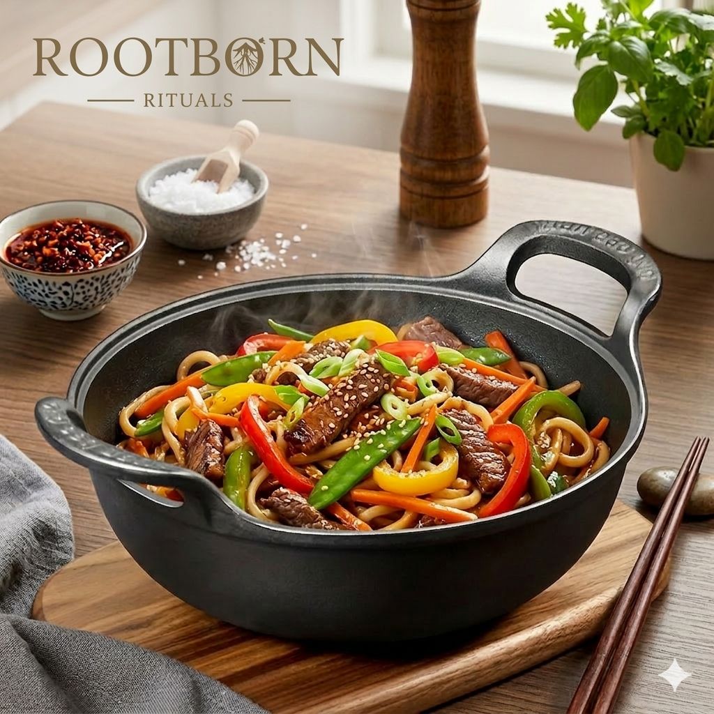 Cast iron double-handle wok with beef and vegetable stir-fry, sesame garnish, surrounded by spices and fresh herbs on wooden 