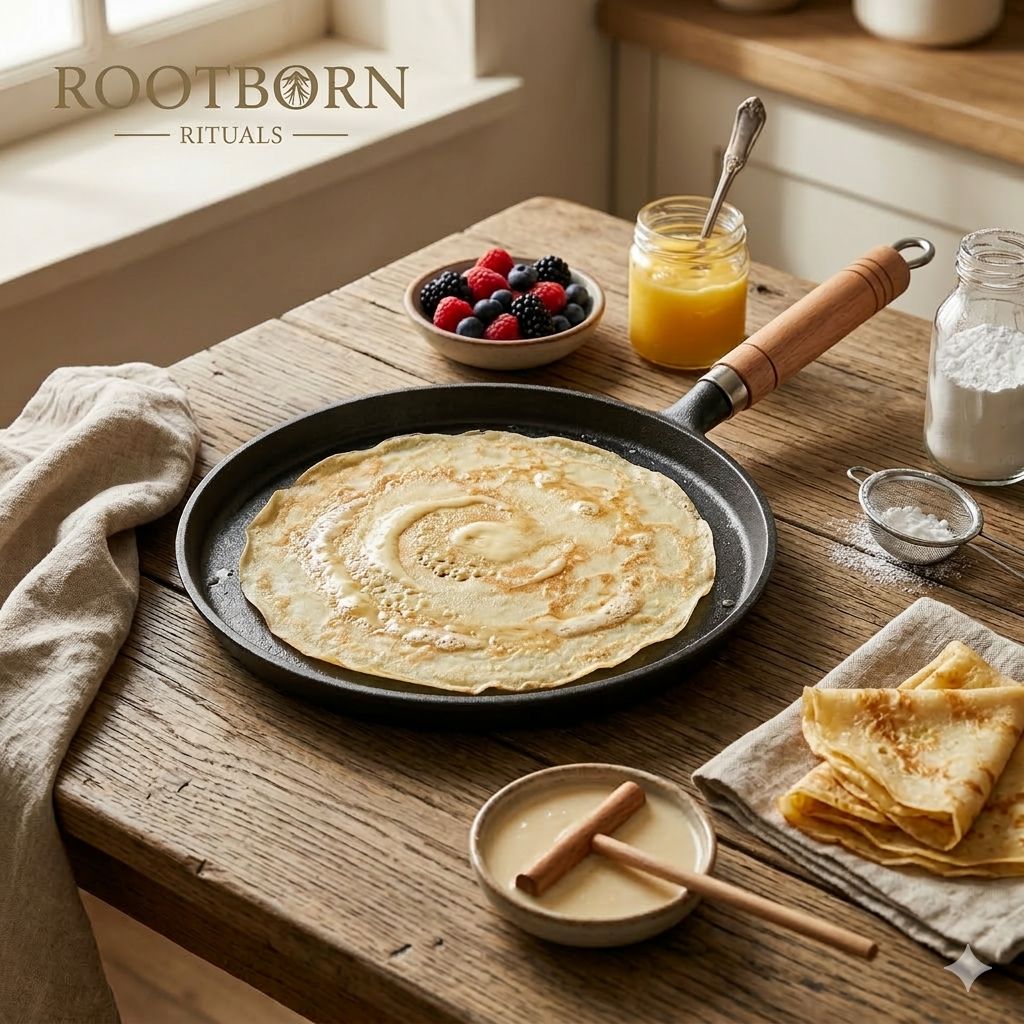 Cast iron skillet with wooden handle cooking crepes on rustic wooden table with fresh berries, juice, and kitchen linens.