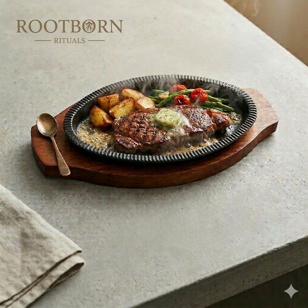 Cast iron fajita griddle pan on wooden serving board with grilled steak, potatoes, and vegetables, Rootborn Rituals branding