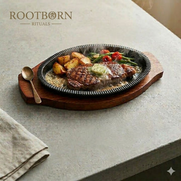 Cast iron fajita griddle pan on wooden serving board with grilled steak, potatoes, and vegetables, Rootborn Rituals branding