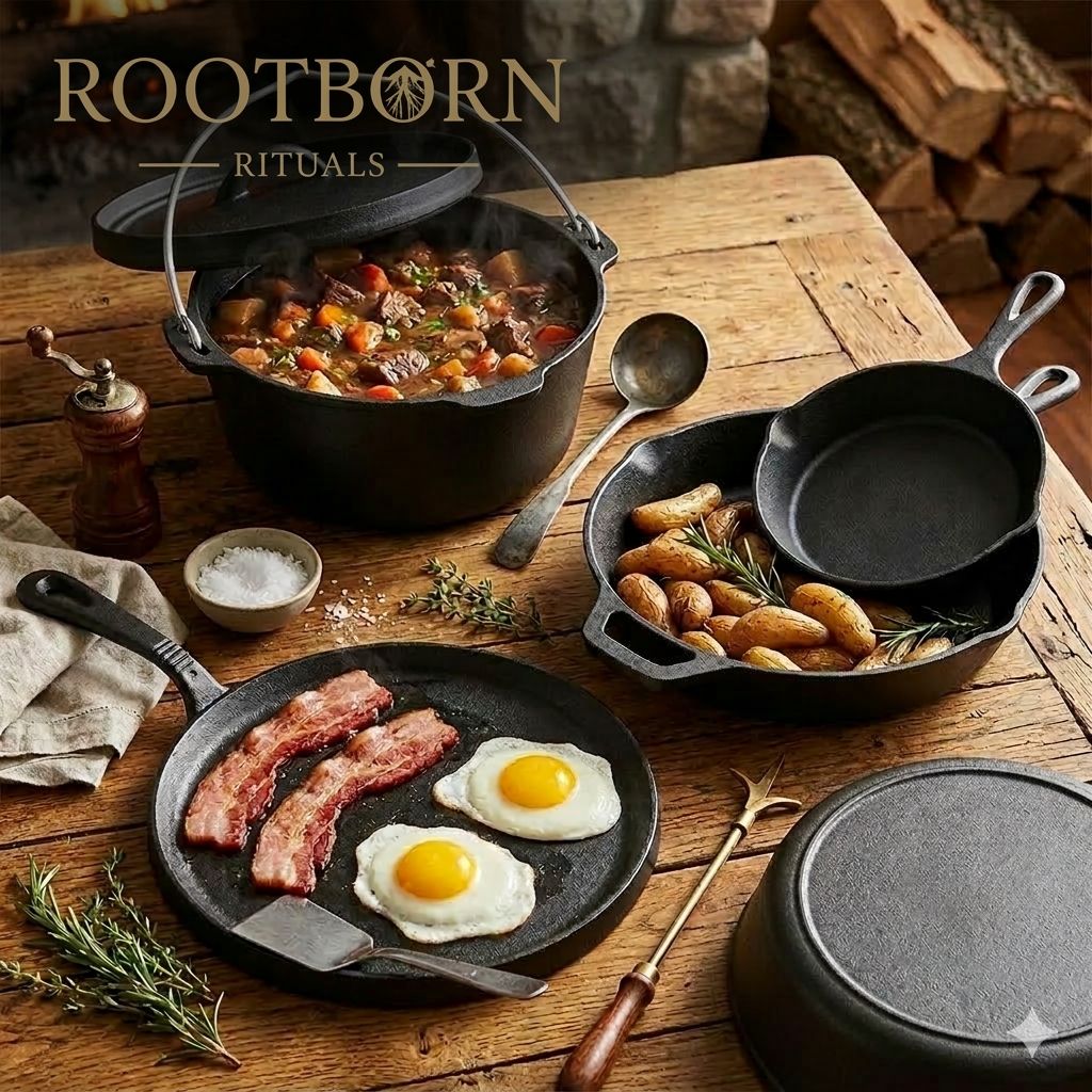 Cast iron cookware set with bacon and eggs cooking in skillet, potatoes in pan, stew in Dutch oven, surrounded by rosemary an