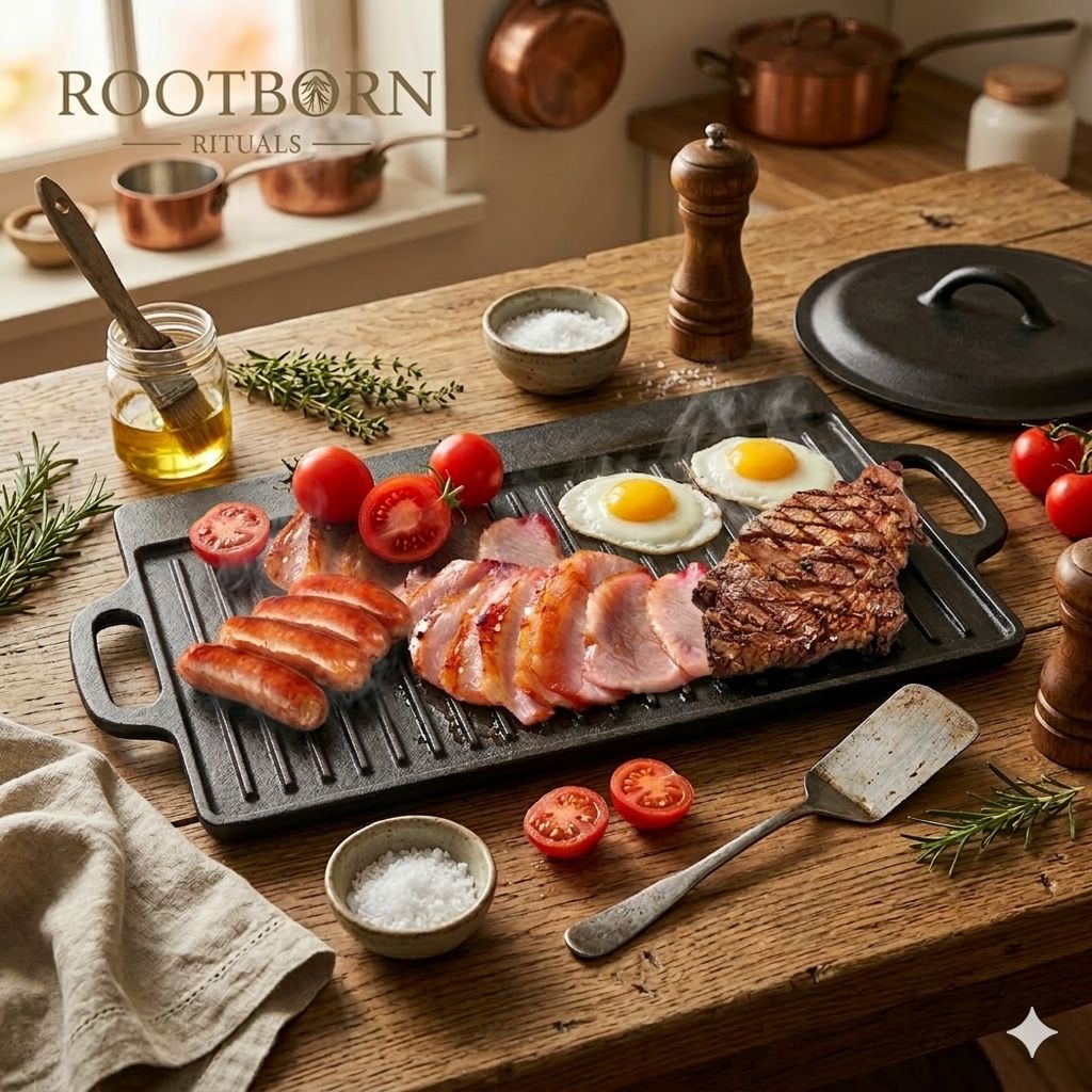 Cast iron dual-sided griddle with cooked meats, eggs, tomatoes, rosemary, salt, and oil on wooden table