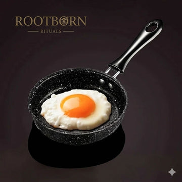 Black speckled cast iron skillet with black handle containing a fried egg with bright orange yolk on dark background.