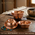 Pure copper dining bowl set with three nesting bowls and beaded accent, displayed on wooden surface with natural lighting and