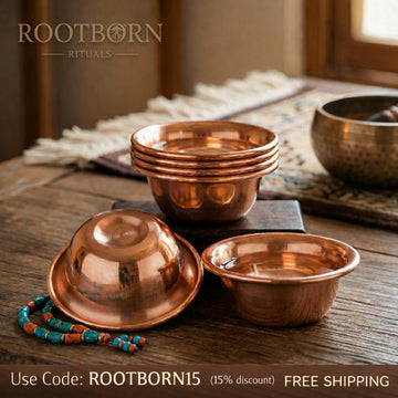 Pure copper dining bowl set with three nesting bowls and beaded accent, displayed on wooden surface with natural lighting and