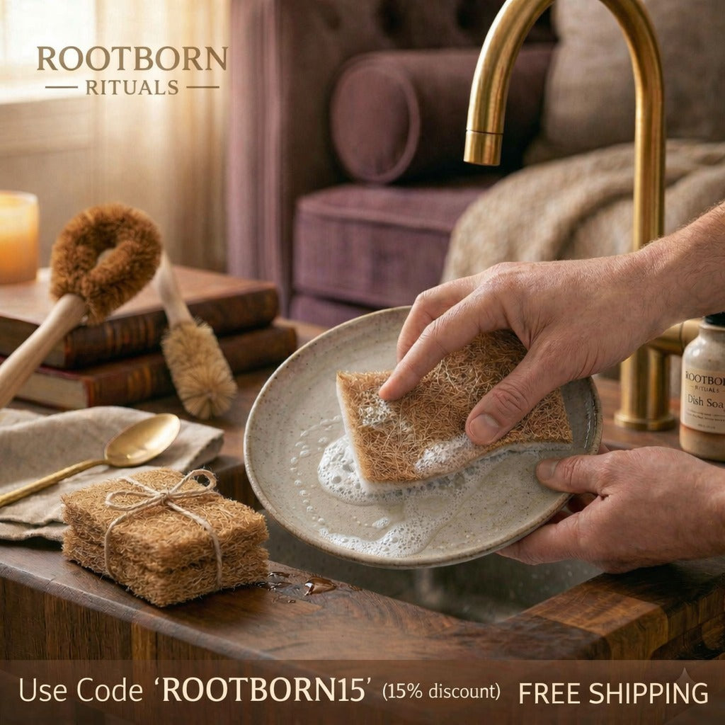 Hands washing natural bamboo and coconut fiber kitchen sponge in ceramic bowl with eco-friendly soap, wooden countertop setti
