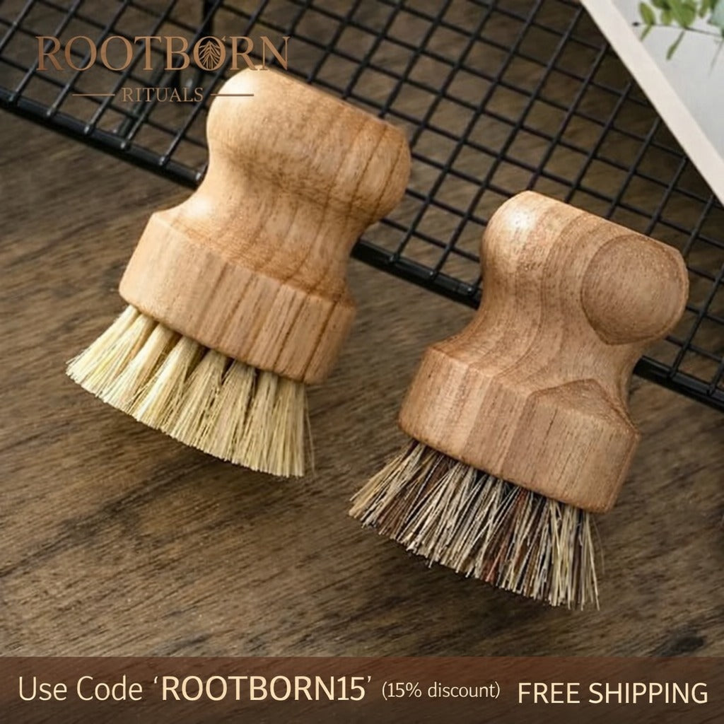 Two wooden dish brushes with natural coconut fiber bristles on dark wood surface, displaying ergonomic handles and eco-friend