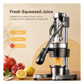 Cast iron manual juicer shown with oranges, lemons, grapefruit and pomegranates it is designed to press