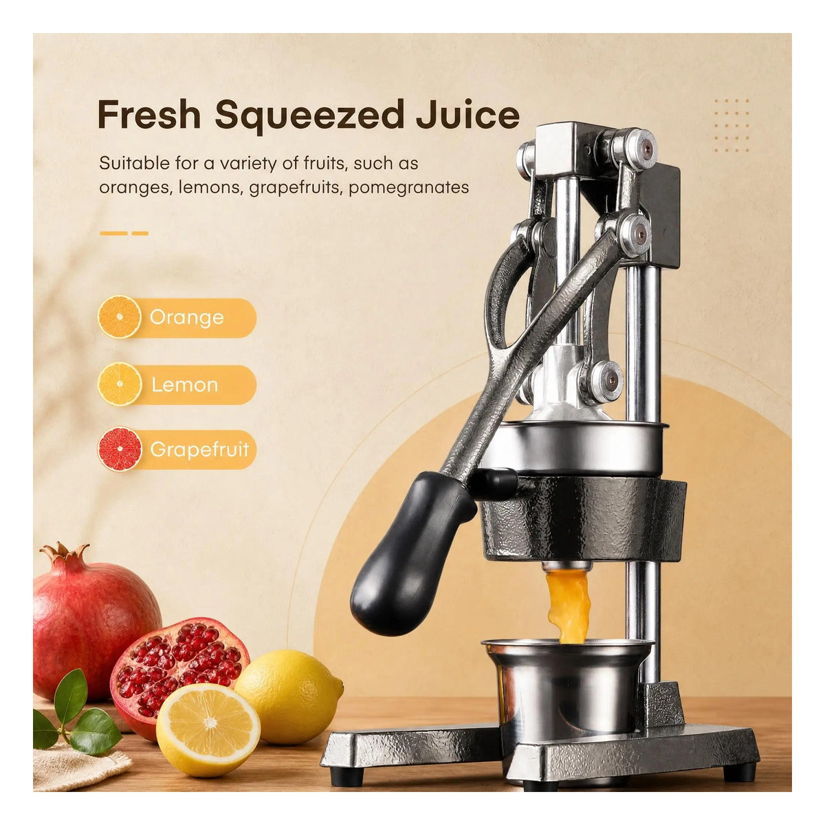 Cast iron manual juicer shown with oranges, lemons, grapefruit and pomegranates it is designed to press