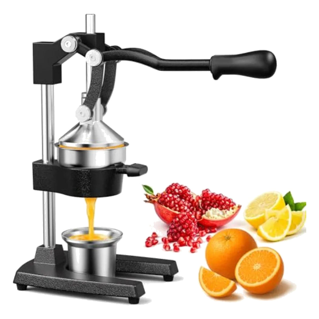 Manual cast iron citrus juicer with lever press, chrome strainer cone and stainless steel collection cup, on a white background