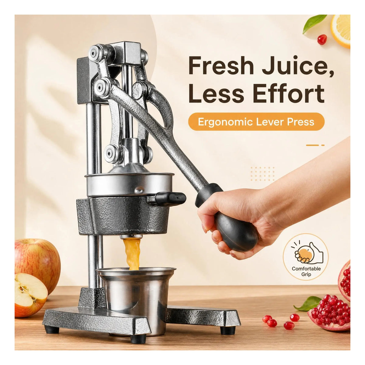 Hand pulling the long lever of the cast iron citrus press, juice running into the stainless steel cup below