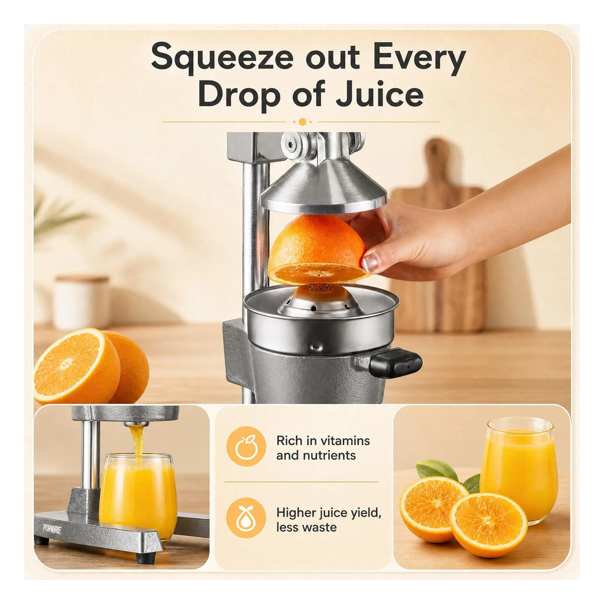 Close view of a halved orange seated on the strainer cone as the press extracts juice