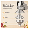 Exploded view of the juicer's three 304 stainless steel parts: pressure cap, strainer cone and funnel