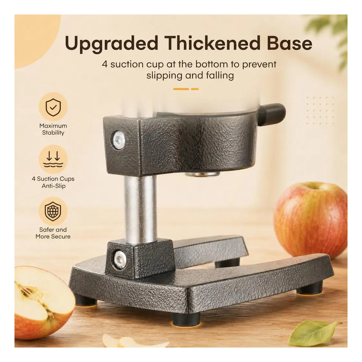 Thickened cast iron base plate of the juicer with four anti-slip suction cups underneath
