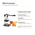 Feature panel: presses oranges, lemons, limes, grapefruit and pomegranate; not suitable for leafy greens, apples or carrots
