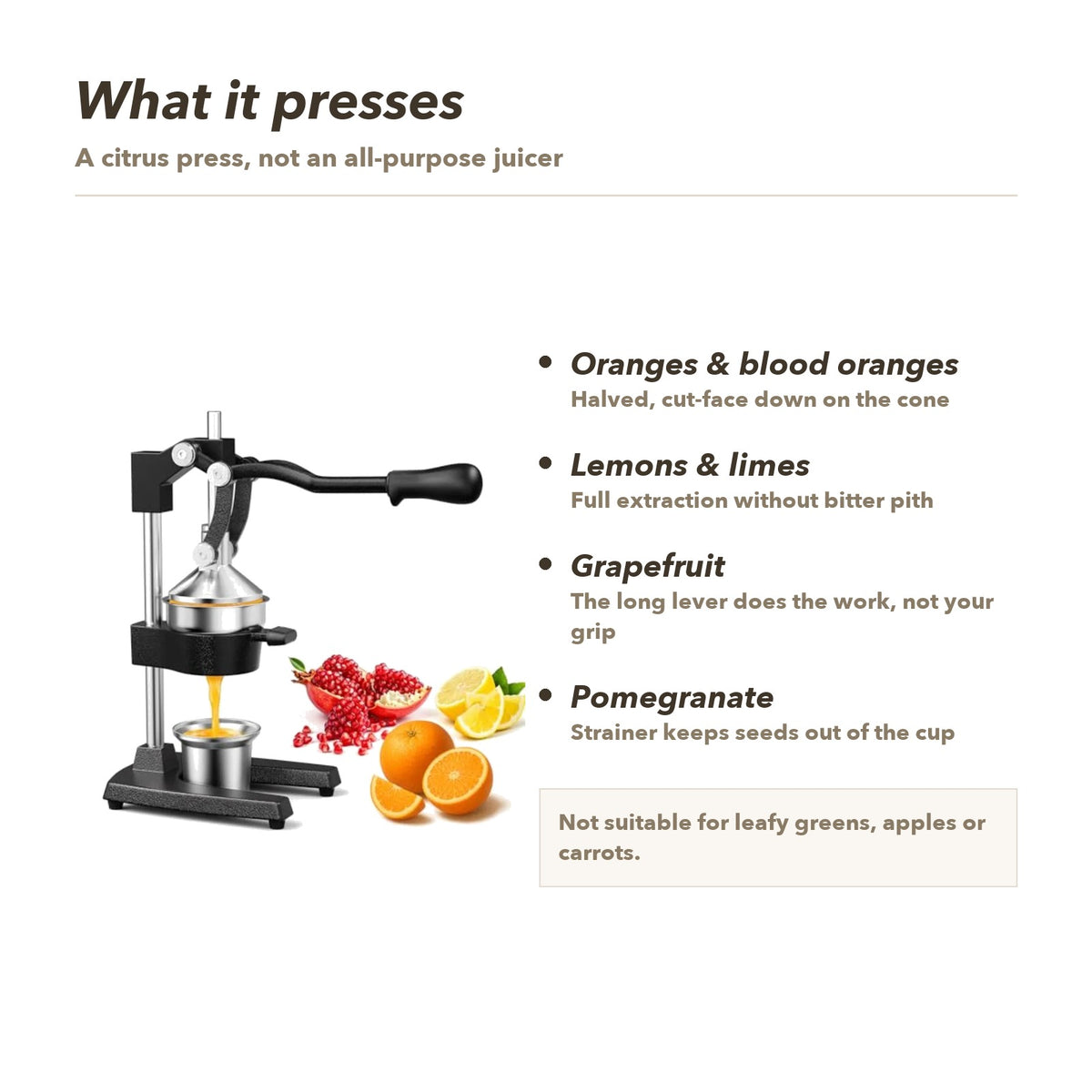 Feature panel: presses oranges, lemons, limes, grapefruit and pomegranate; not suitable for leafy greens, apples or carrots
